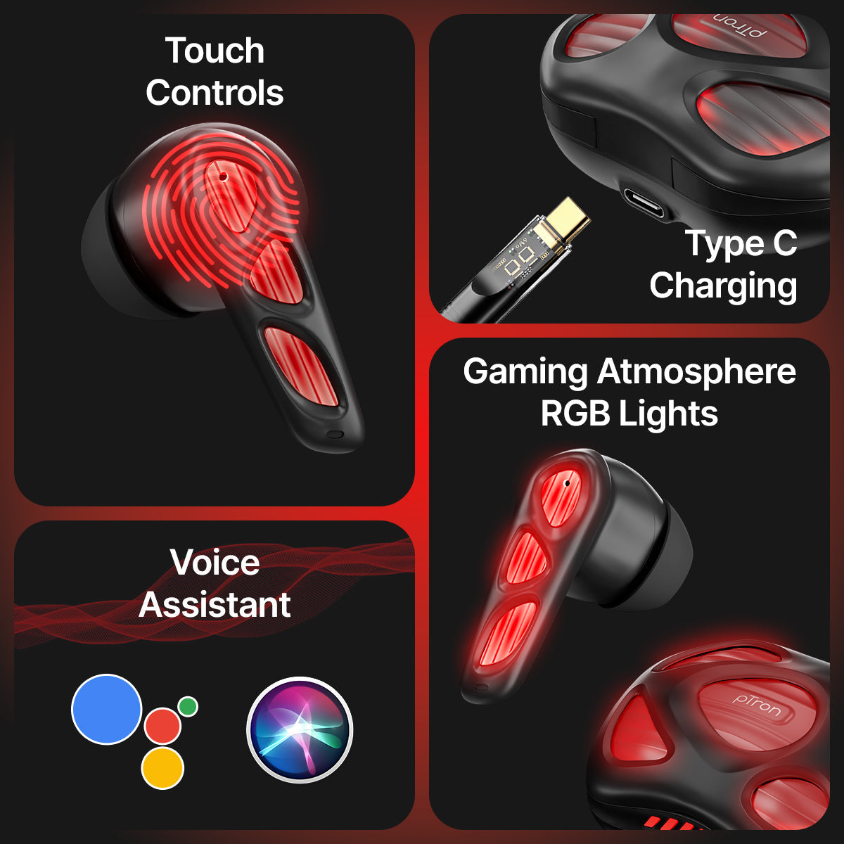 pTron Zenbuds Nova w/ 40ms Low-Latency Gaming, 55Hrs Playtime, Dual HD Mic & TruTalk AI-ENC Calls, App Support, Pristine Sound, Bluetooth v5.4 Headphones, RGB Lights, Voice Assistant, IPX5 (Black)