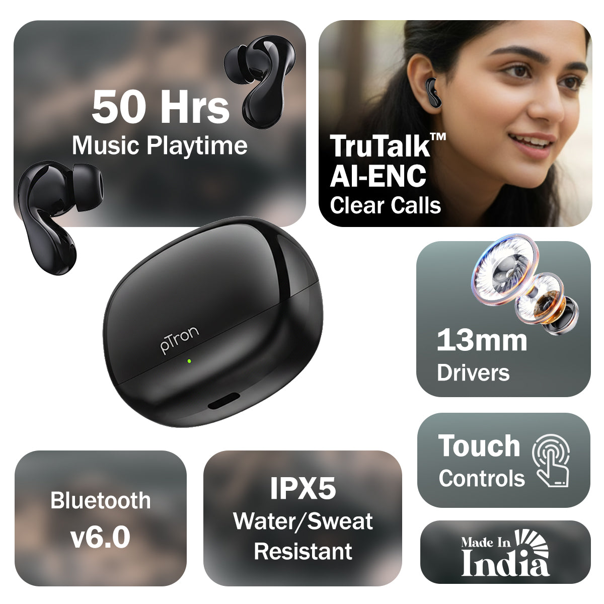 pTron Bassbuds Tango in-Ear TWS Ear Buds w/Custom EQ, 50hrs Playtime, Pristine Sound, Dual Mic, TruTalk ENC Calls, Mobile App, Wireless Bluetooth v6.0, Touch Controls, Type-C Charging, IPX5 (Space Black)