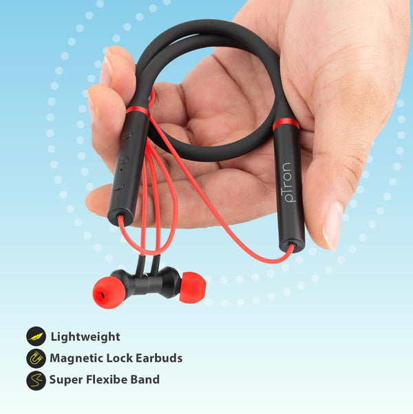 pTron Tangentbeat in Ear Bluetooth Wireless Headphones with Mic, Punchy Bass, 10mm Drivers, Clear Calls, Dual Pairing, Fast Charging, Magnetic Buds, Voice Assist & IPX4 Wireless Neckband (Black & Red)