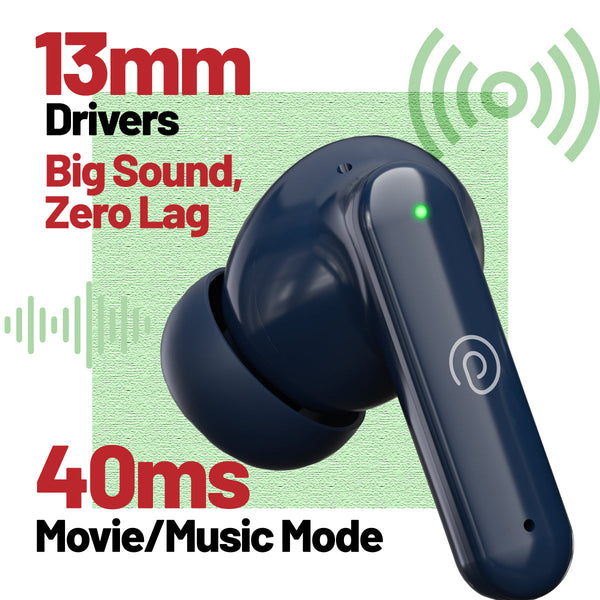pTron Zenbuds X1 4 HD Mic TWS Earbuds w/AI-ENC Clear Calls, 40hrs Playtime, Pristine Sound, in-Ear Sensor, 40ms Movie/Music Modes, Bluetooth v5.3 Headphones, Type C Fast Charging & IPX5 (Bold Blue)