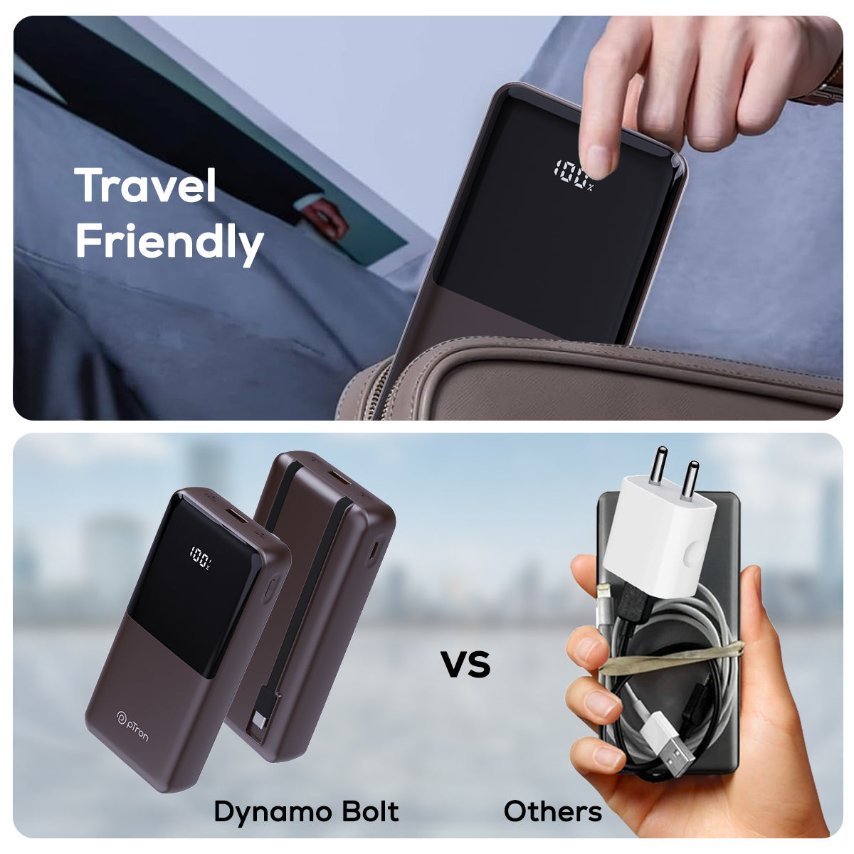 pTron Dynamo Bolt 20000mAh 35W Super Fast Charging, USB Type-C Input Power Bank Compatible with QC3.0/PD3.0 (Power Delivery), Built-in Charging Cables, 4 Charging Outputs, Type-C Input/Output Port (Brown)