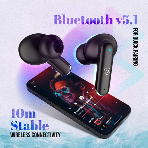 pTron Bassbuds Joy In-Ear TWS Earbuds w/ Dual HD Mic, Pristine Sound, 32Hrs Playtime, Bluetooth v5.1 Headphones, 13mm Drivers, Type-C Charging, Voice Assistant & IPX4 Water Resistant (Black)