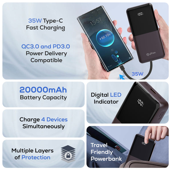 pTron Dynamo Bolt 20000mAh 35W Super Fast Charging, USB Type-C Input Power Bank Compatible with QC3.0/PD3.0 (Power Delivery), Built-in Charging Cables, 4 Charging Outputs, Type-C Input/Output Port (Brown)