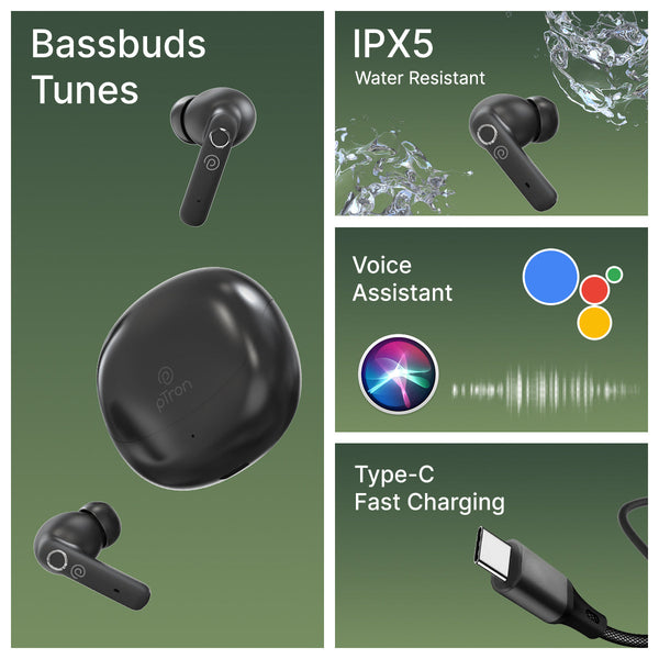 pTron Bassbuds Tunes V2 In-Ear TWS Earbuds with Stereo Sound, 40Hrs Playtime, Stereo Calls, Bluetooth v5.3 Headphones with Quick Pairing, Touch Control, Voice Assistant, Type C Charging & IPX5 (Black)