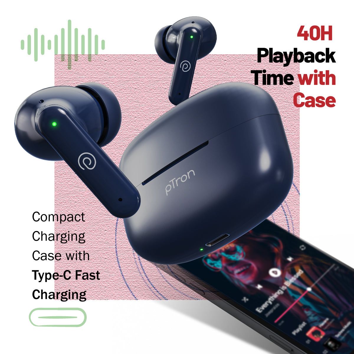 pTron Zenbuds X1 4 HD Mic TWS Earbuds w/AI-ENC Clear Calls, 40hrs Playtime, Pristine Sound, in-Ear Sensor, 40ms Movie/Music Modes, Bluetooth v5.3 Headphones, Type C Fast Charging & IPX5 (Bold Blue)