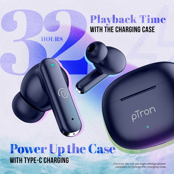 pTron Bassbuds Air in-Ear TWS Earbuds with 13mm Driver for Immersive Sound, 32Hrs Playtime, Clear Calls, Bluetooth V5.1, Touch Control, TypeC Fast Charging, Voice Assist & IPX4 Water Resistant (Bold Blue)