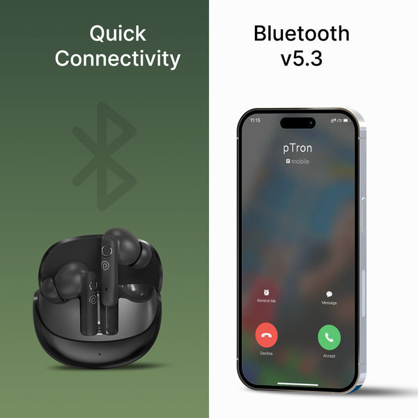 pTron Bassbuds Tunes V2 In-Ear TWS Earbuds with Stereo Sound, 40Hrs Playtime, Stereo Calls, Bluetooth v5.3 Headphones with Quick Pairing, Touch Control, Voice Assistant, Type C Charging & IPX5 (Black)