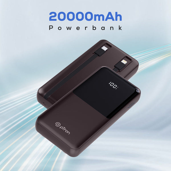 pTron Dynamo Bolt 20000mAh 35W Super Fast Charging, USB Type-C Input Power Bank Compatible with QC3.0/PD3.0 (Power Delivery), Built-in Charging Cables, 4 Charging Outputs, Type-C Input/Output Port (Brown)