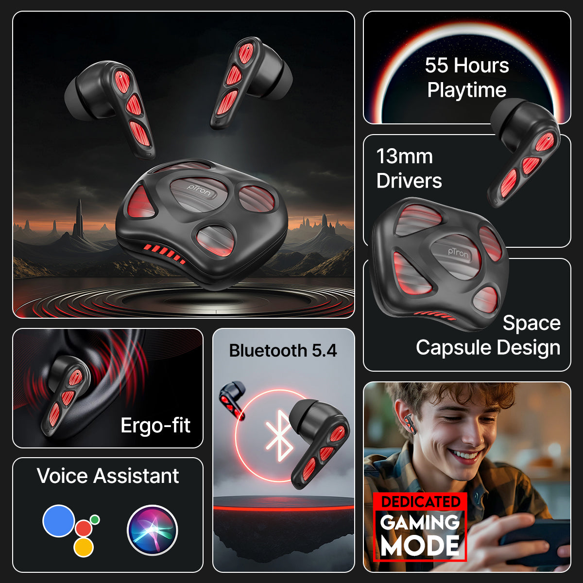 pTron Zenbuds Nova w/ 40ms Low-Latency Gaming, 55Hrs Playtime, Dual HD Mic & TruTalk AI-ENC Calls, App Support, Pristine Sound, Bluetooth v5.4 Headphones, RGB Lights, Voice Assistant, IPX5 (Black)