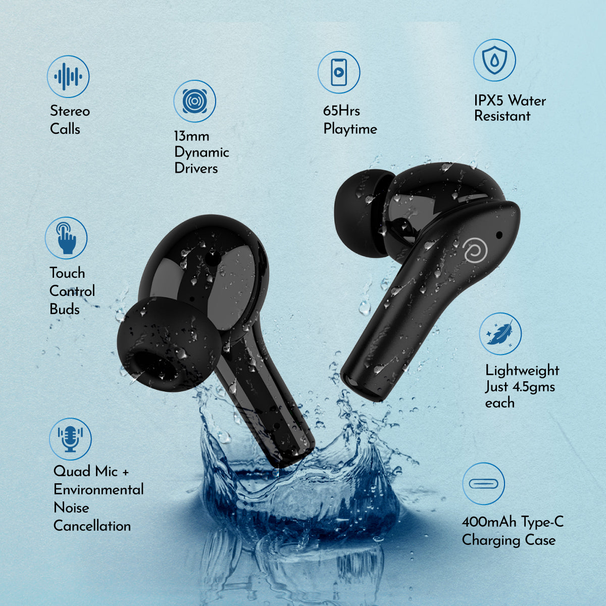 pTron Zenbuds Evo X1 Pro In-Ear TWS Earbuds, 65Hrs Playtime, 4 Mic TruTalk ENC Calls, Deep Bass, Bluetooth 5.3 Headphones,Fast Type-C Charging,Voice Asst. Touch Controls & IPX5 Water Resistant (Black)