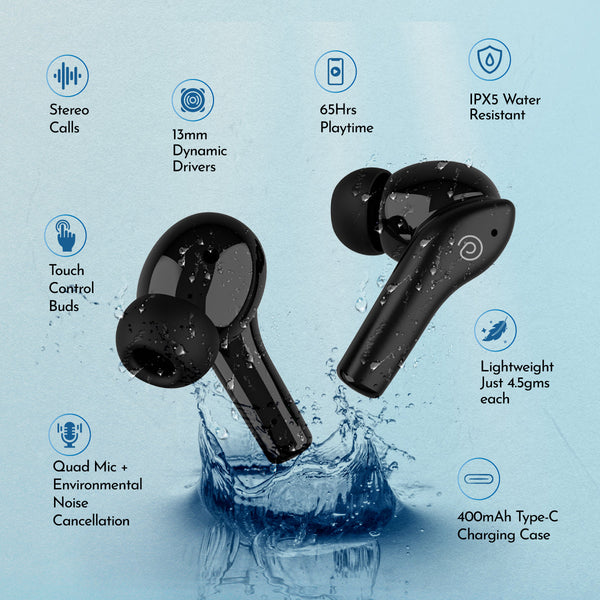 pTron Zenbuds Evo X1 Pro In-Ear TWS Earbuds, 65Hrs Playtime, 4 Mic TruTalk ENC Calls, Deep Bass, Bluetooth 5.3 Headphones,Fast Type-C Charging,Voice Asst. Touch Controls & IPX5 Water Resistant (Black)