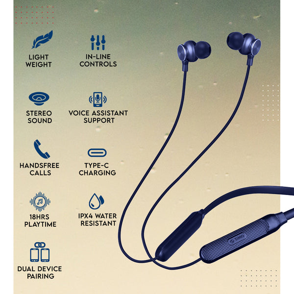 Zimo Aeroflex Bluetooth 5.2 Wireless in Ear Headphones, 18Hrs Playtime, Deep Bass, HD Calls, Dual Device Pairing, Voice Assist, Type-C Fast Charge Wireless Neckband, IPX4 (Blue)