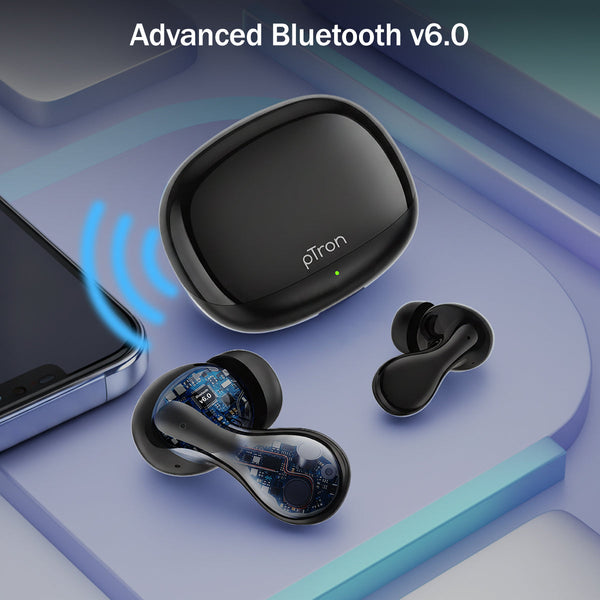 pTron Bassbuds Tango in-Ear TWS Ear Buds w/Custom EQ, 50hrs Playtime, Pristine Sound, Dual Mic, TruTalk ENC Calls, Mobile App, Wireless Bluetooth v6.0, Touch Controls, Type-C Charging, IPX5 (Space Black)