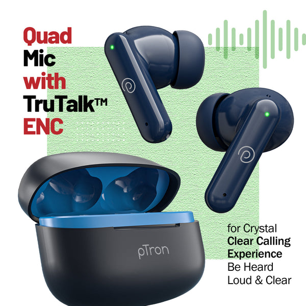 pTron Basspods Sync 4 HD Mic TWS Earbuds w/AI-ENC Clear Calls, 40hrs Playtime, Pristine Sound, in-Ear Sensor, 40ms Movie/Music Modes, Bluetooth v5.3 Headphones, Type C Fast Charging & IPX5 (Blue)