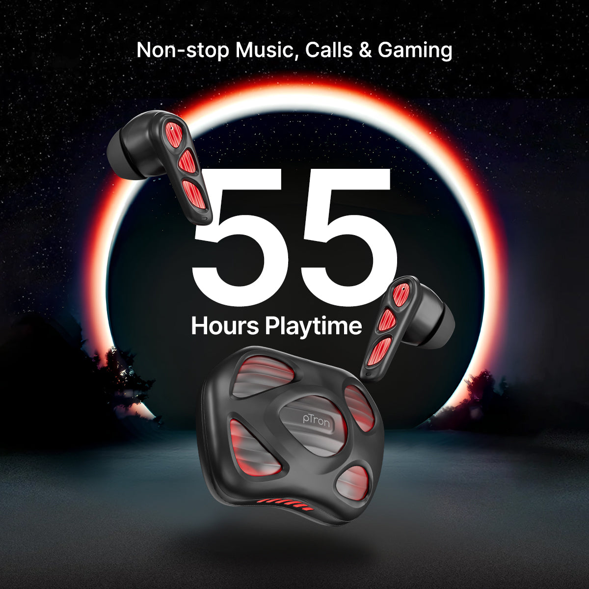 pTron Zenbuds Nova w/ 40ms Low-Latency Gaming, 55Hrs Playtime, Dual HD Mic & TruTalk AI-ENC Calls, App Support, Pristine Sound, Bluetooth v5.4 Headphones, RGB Lights, Voice Assistant, IPX5 (Black)