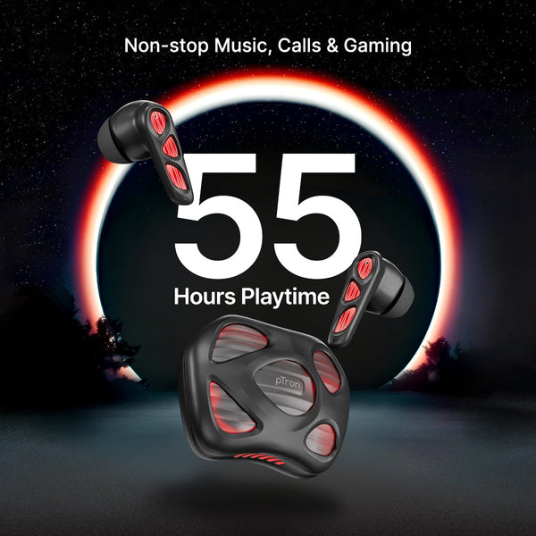 pTron Zenbuds Nova w/ 40ms Low-Latency Gaming, 55Hrs Playtime, Dual HD Mic & TruTalk AI-ENC Calls, App Support, Pristine Sound, Bluetooth v5.4 Headphones, RGB Lights, Voice Assistant, IPX5 (Black)
