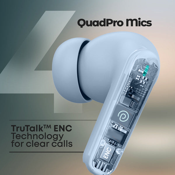 pTron Basspods Ace TWS in Ear Earbuds with 4 Quadpro Mics, 3D Audioscape, Trutalk Enc Calls, 40H Playtime, 50Ms Low-Latency Game/Music Modes, BT5.3, Type C Fast Charging & IPX5 Water Resistant (Light Blue)
