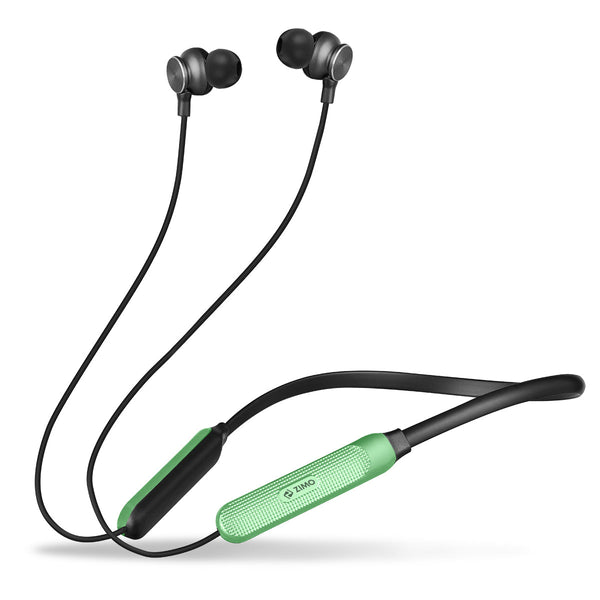 Zimo Aeroflex Bluetooth 5.2 Wireless in Ear Headphones, 18Hrs Playtime, Deep Bass, HD Calls, Dual Device Pairing, Voice Assist, Type-C Fast Charge Wireless Neckband, IPX4 (Green & Jet Black)