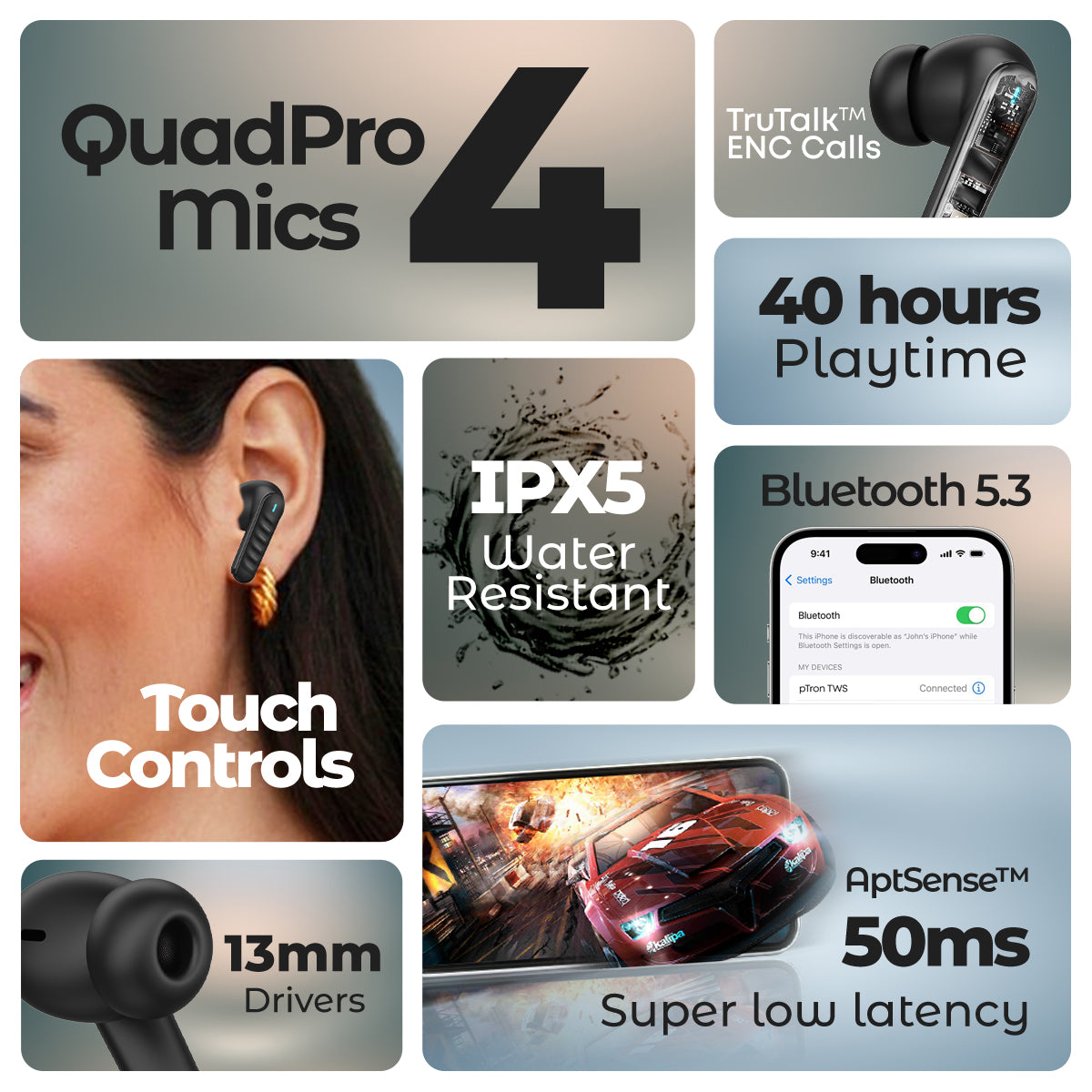 pTron Bassbuds Bliss TWS in Ear Earbuds with 4 Quadpro Mics, 3D Audioscape, Trutalk Enc Calls, 40H Playtime, 50Ms Low-Latency Game/Music Modes, BT5.3, Type C Fast Charging & IPX5 Water Resistant (Jet Black)