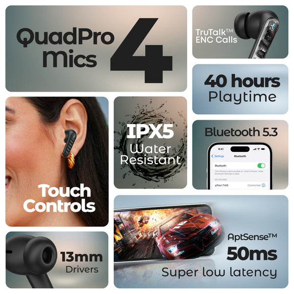 pTron Bassbuds Bliss TWS in Ear Earbuds with 4 Quadpro Mics, 3D Audioscape, Trutalk Enc Calls, 40H Playtime, 50Ms Low-Latency Game/Music Modes, BT5.3, Type C Fast Charging & IPX5 Water Resistant (Jet Black)