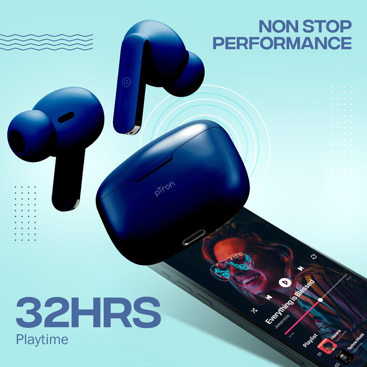 pTron Bassbuds Duo In-Ear TWS Earbuds w/ Dual HD Mic, Pristine Sound, 32Hrs Playtime, Bluetooth v5.1 Headphones, 13mm Drivers, Type-C Charging, Voice Assistant & IPX4 Water Resistant (Midnight Blue)