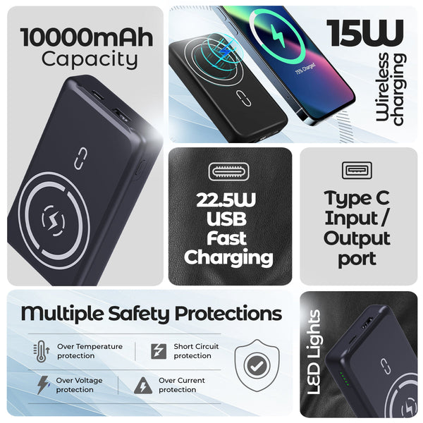 pTron Dynamo Arc 10000mAh 22.5W Fast Charging Power Bank, 15W Wireless Charging, 20W PD/Type C Fast Charging, 3 Outputs/2 Inputs, Digital Display, Built-in Cables & BIS Certified (Black)