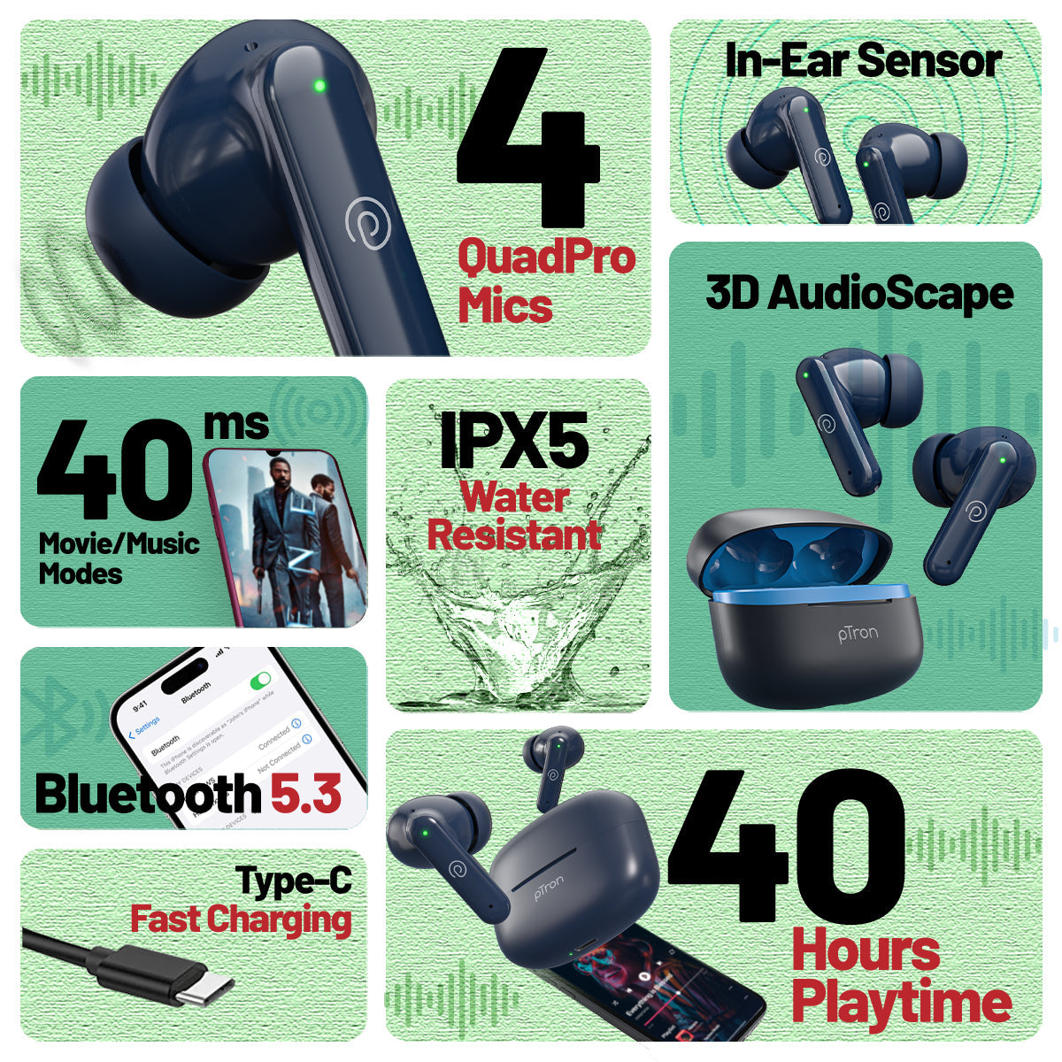 pTron Zenbuds X1 Quad Mic TWS Earbuds, TruTalk ENC Calls, 40H Playtime, In-Ear Sensor, 40ms Movie/Music Modes,Bluetooth 5.3 Headphones, TypeC Fast Charging & IPX5 Water Resistant (Blue)