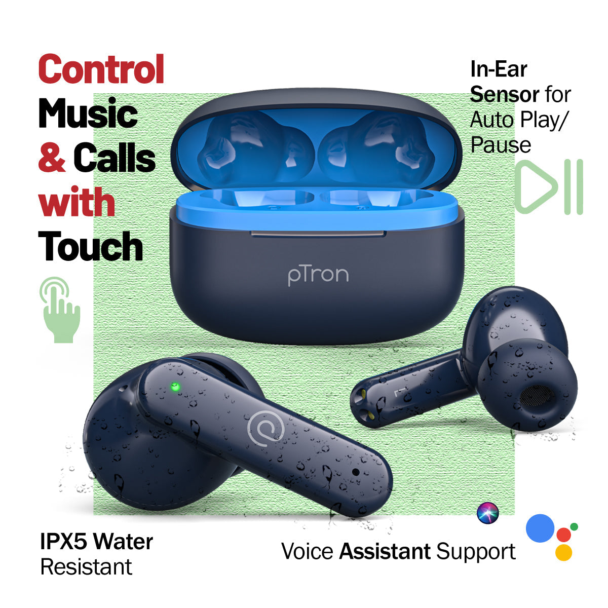 pTron Zenbuds X1 Quad Mic TWS Earbuds, TruTalk ENC Calls, 40H Playtime, In-Ear Sensor, 40ms Movie/Music Modes,Bluetooth 5.3 Headphones, TypeC Fast Charging & IPX5 Water Resistant (Blue)