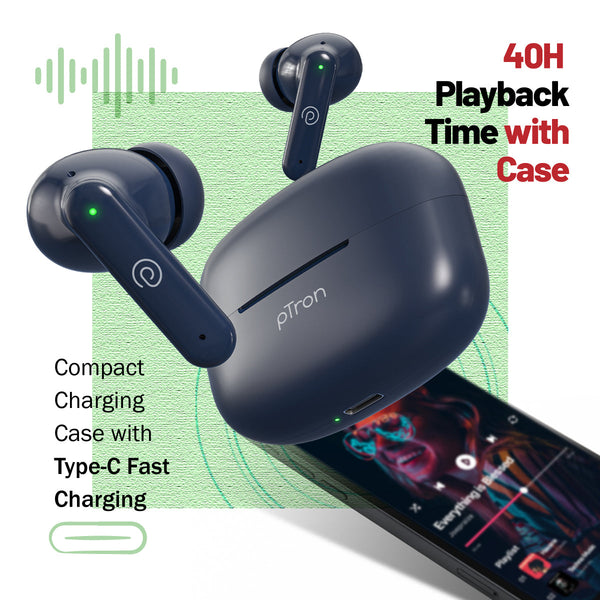pTron Basspods Sync 4 HD Mic TWS Earbuds w/AI-ENC Clear Calls, 40hrs Playtime, Pristine Sound, in-Ear Sensor, 40ms Movie/Music Modes, Bluetooth v5.3 Headphones, Type C Fast Charging & IPX5 (Blue)