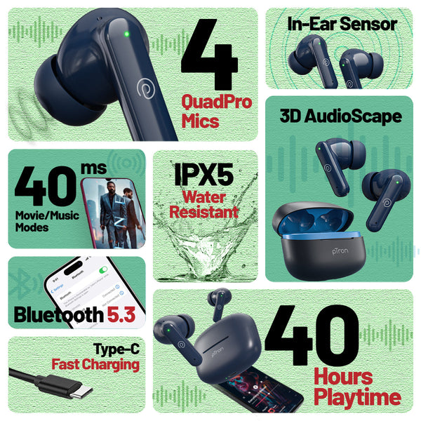 pTron Zenbuds X1 4 HD Mic TWS Earbuds w/AI-ENC Clear Calls, 40hrs Playtime, Pristine Sound, in-Ear Sensor, 40ms Movie/Music Modes, Bluetooth v5.3 Headphones, Type C Fast Charging & IPX5 (Bold Blue)