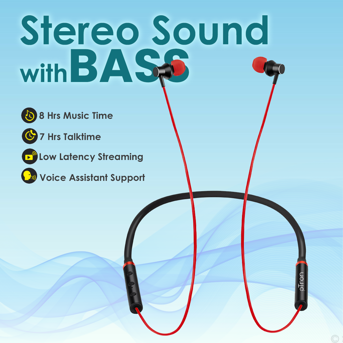 pTron InTunes Beats in-Ear Bluetooth Wireless Headphones with Mic, Punchy Bass, 10mm Drivers, Clear Calls, Dual Pairing, Fast Charging, Magnetic Buds, Voice Assist & IPX4 Wireless Neckband (Black & Red)