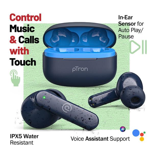 pTron Zenbuds X1 4 HD Mic TWS Earbuds w/AI-ENC Clear Calls, 40hrs Playtime, Pristine Sound, in-Ear Sensor, 40ms Movie/Music Modes, Bluetooth v5.3 Headphones, Type C Fast Charging & IPX5 (Bold Blue)