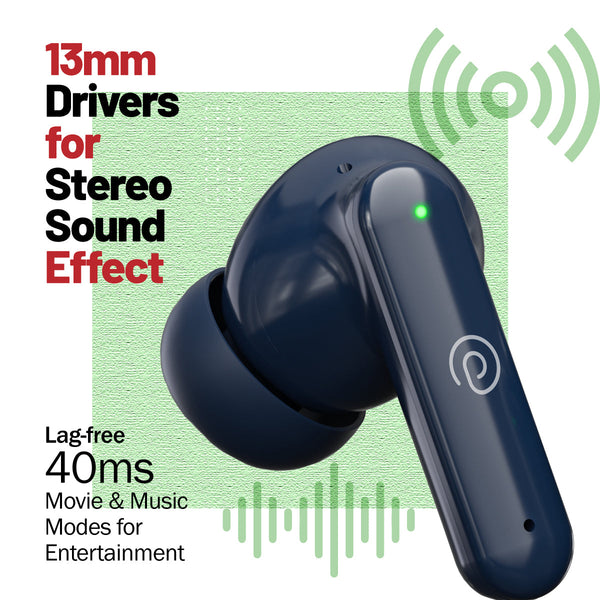 pTron Zenbuds X1 Quad Mic TWS Earbuds, TruTalk ENC Calls, 40H Playtime, In-Ear Sensor, 40ms Movie/Music Modes,Bluetooth 5.3 Headphones, TypeC Fast Charging & IPX5 Water Resistant (Blue)
