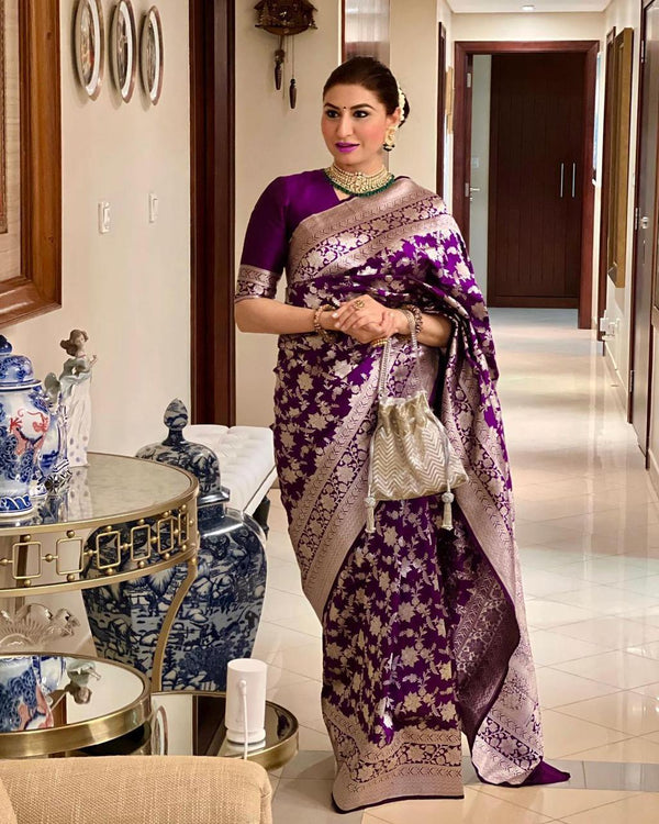 Effervescent Wine Soft Banarasi Silk Saree With Elision Blouse Piece - Shop authentic Indian Women's Fashion by Silk Folks