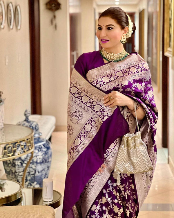 Effervescent Wine Soft Banarasi Silk Saree With Elision Blouse Piece - Shop authentic Indian Women's Fashion by Silk Folks