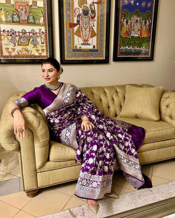 Effervescent Wine Soft Banarasi Silk Saree With Elision Blouse Piece - Shop authentic Indian Women's Fashion by Silk Folks
