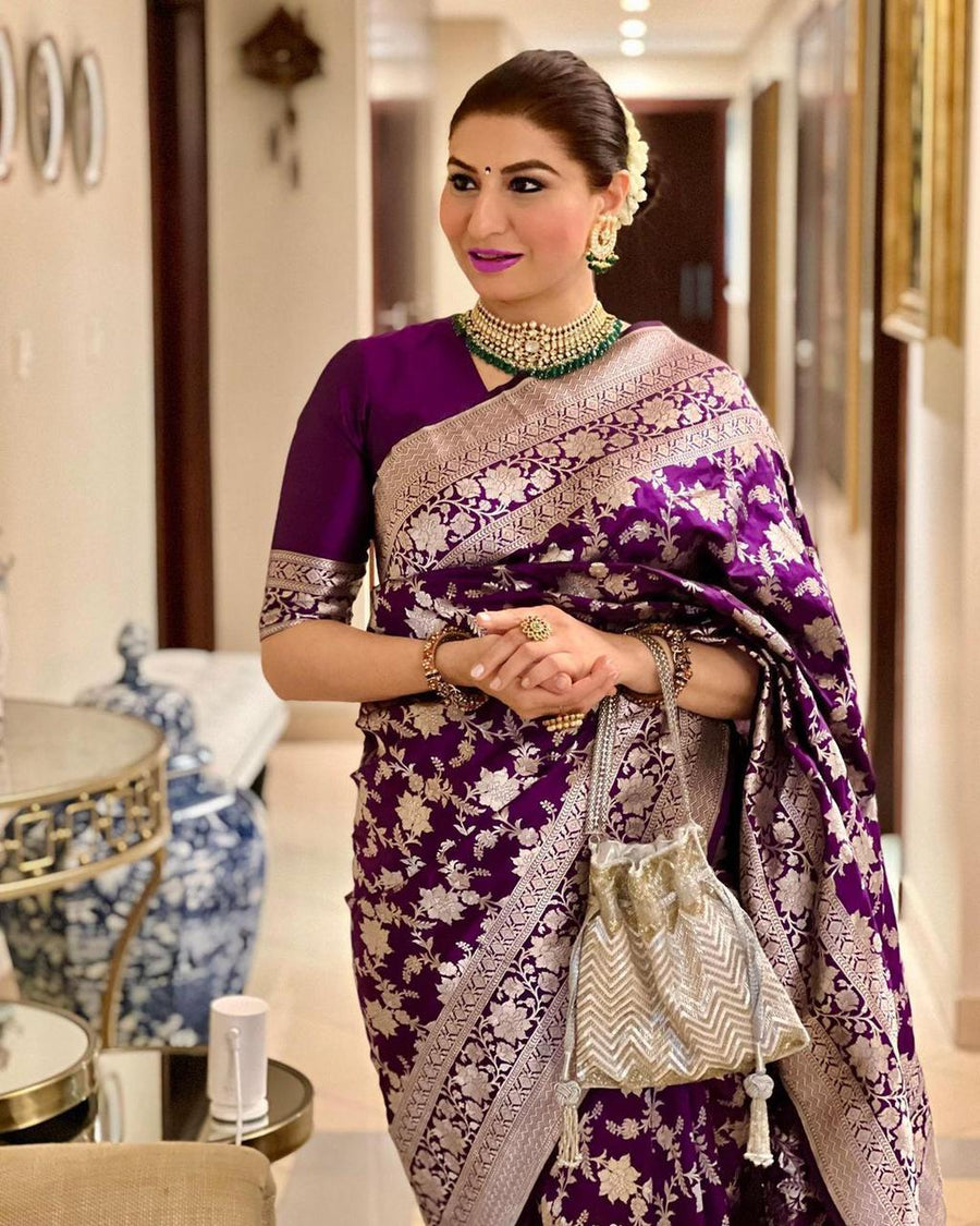 Effervescent Wine Soft Banarasi Silk Saree With Elision Blouse Piece - Shop authentic Indian Women's Fashion by Silk Folks