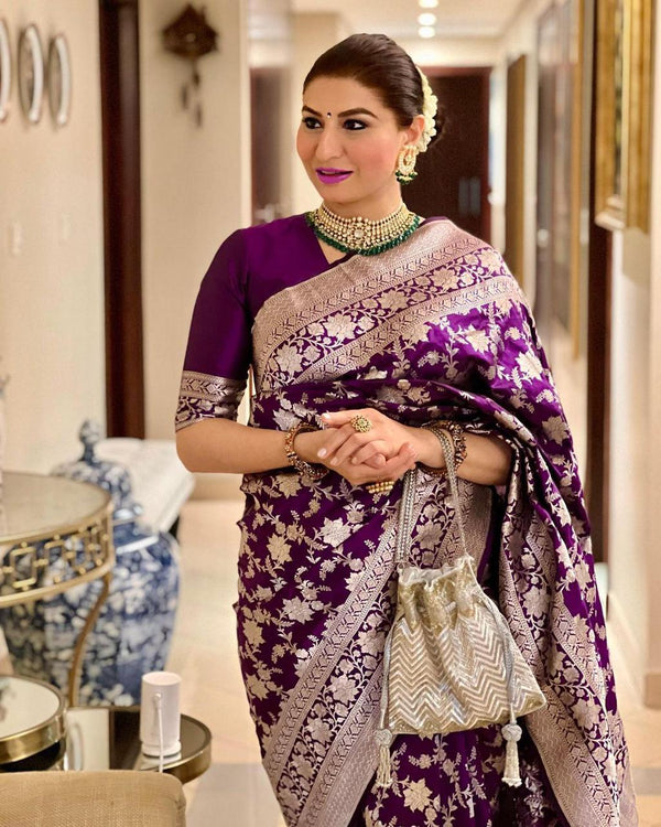 Effervescent Wine Soft Banarasi Silk Saree With Elision Blouse Piece - Shop authentic Indian Women's Fashion by Silk Folks