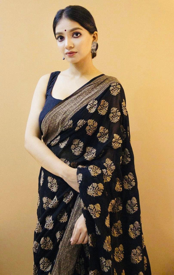 Opulent Black Soft Silk Saree With Snappy Blouse Piece - Shop authentic Indian Women's Fashion by Silk Folks