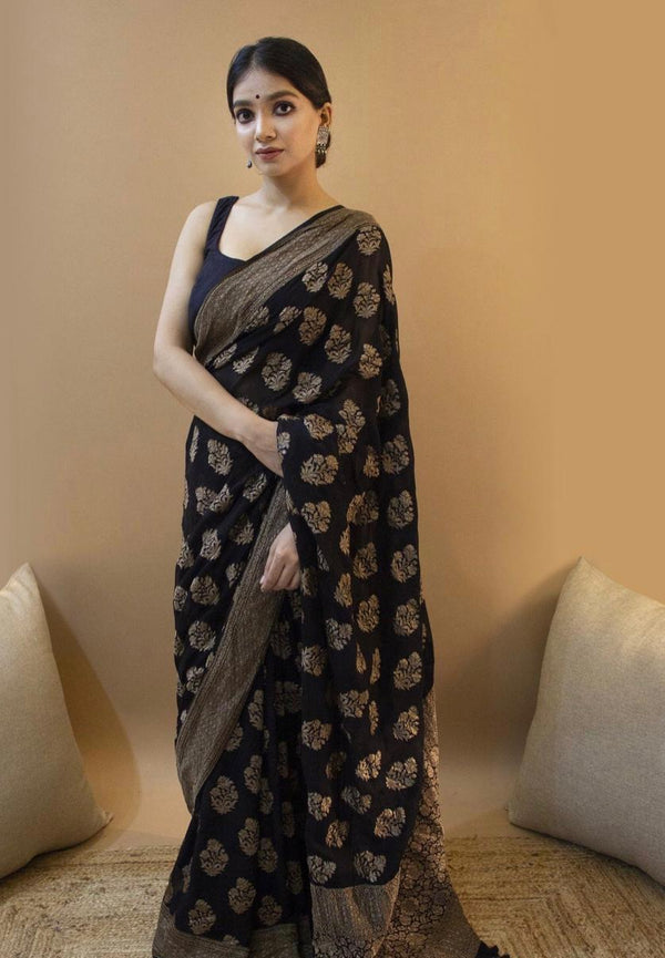 Opulent Black Soft Silk Saree With Snappy Blouse Piece - Shop authentic Indian Women's Fashion by Silk Folks