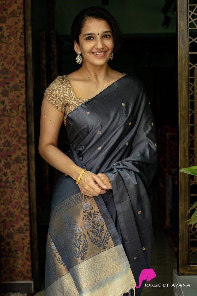 Tremendous Grey Soft Silk Saree With Elision Blouse Piece - Shop authentic Indian Women's Fashion by Silk Folks