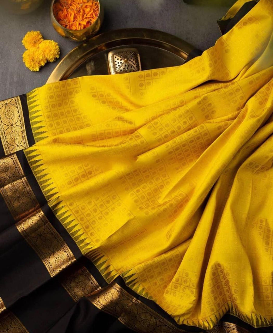 Sizzling Yellow Soft Banarasi Silk Saree With Magnetic Black Blouse Pi - Shop authentic Indian Women's Fashion by Silk Folks