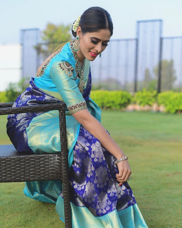 Denouement Blue Soft Banarsi Silk Saree With Glorious Blouse Piece