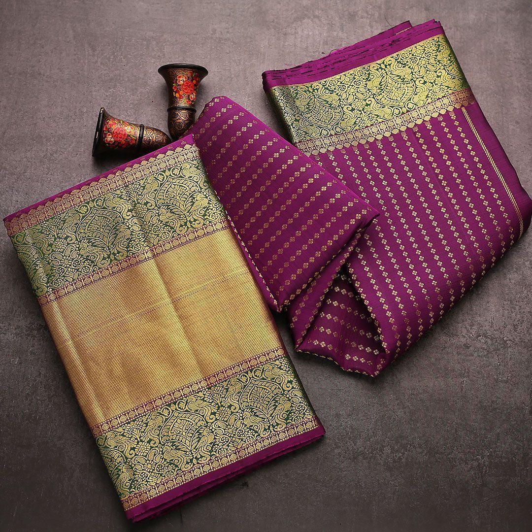 Refreshing Purple Soft Banarasi Silk Saree With Dazzling Blouse Piece - Shop authentic Indian Women's Fashion by Silk Folks