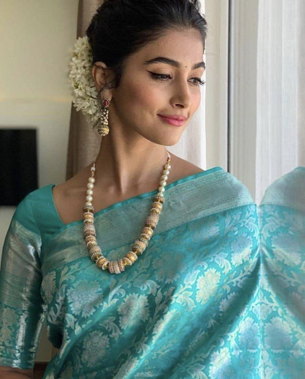 Ravishing Firozi Soft Silk Saree With Excellent Blouse Piece - Shop authentic Indian Women's Fashion by Silk Folks