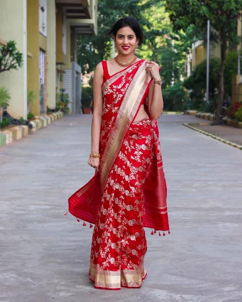 Divine Red Soft Banarasi Silk Saree With Seraglio Blouse Piece - Shop authentic Indian Women's Fashion by Silk Folks