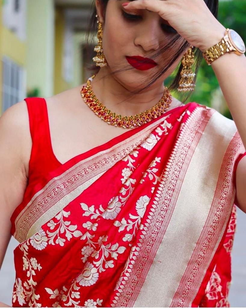 Divine Red Soft Banarasi Silk Saree With Seraglio Blouse Piece - Shop authentic Indian Women's Fashion by Silk Folks