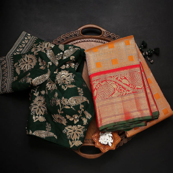 Sophisticated Orange Soft Banarasi Silk Saree With Two Attractive Blouse Piece