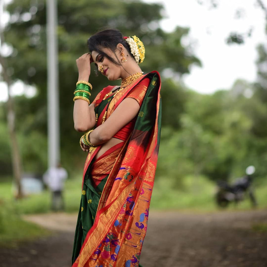 Prettiest Green Paithani Silk Saree With Ethnic Blouse Piece - Shop authentic Indian Women's Fashion by Silk Folks