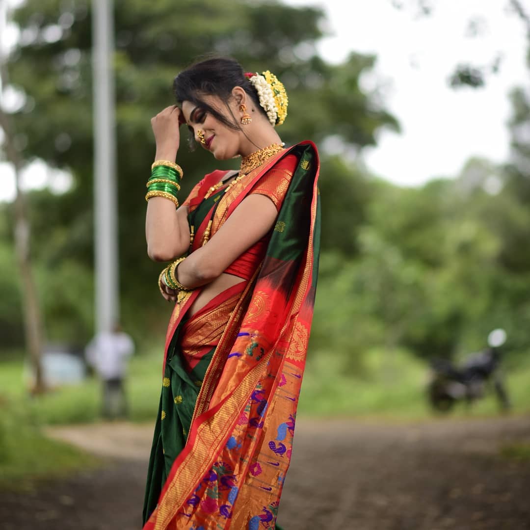 Prettiest Green Paithani Silk Saree With Ethnic Blouse Piece - Shop authentic Indian Women's Fashion by Silk Folks